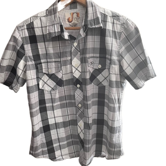 Ocean Pacific OP Men’s Large Grey Black Plaid Button Up Shirt - Picture 1 of 6